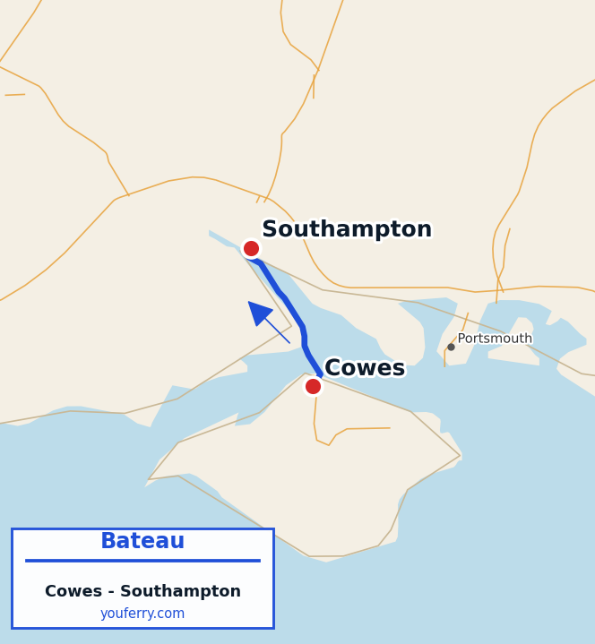 Carte du trajet en ferry Cowes - Southampton