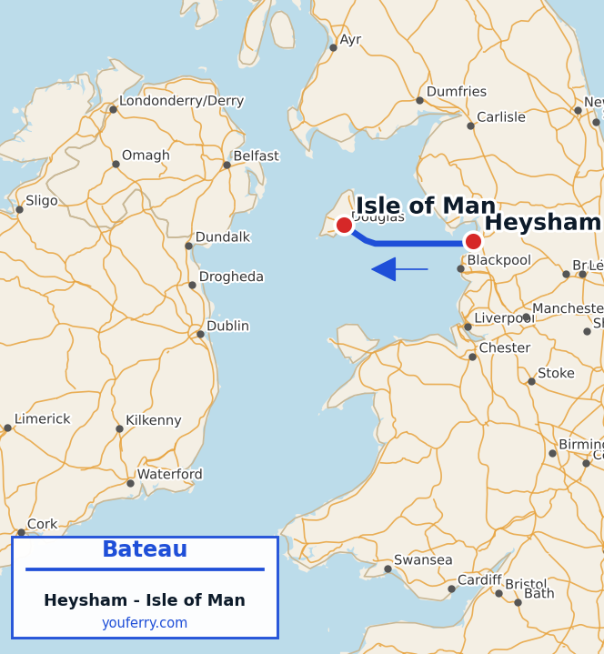 Carte du trajet en ferry Heysham - Isle of Man