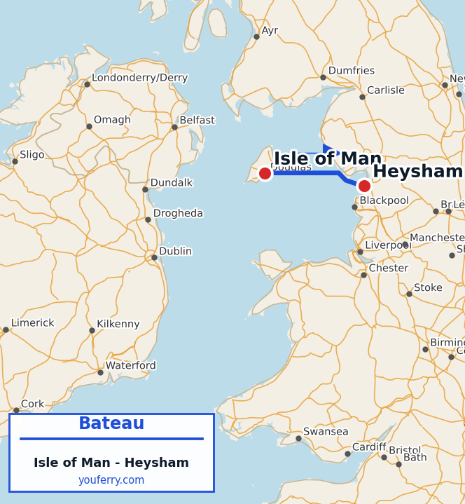 Carte du trajet en ferry Isle of Man - Heysham