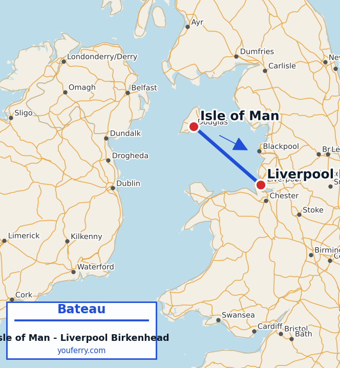 Carte du trajet en ferry Isle of Man - Liverpool Birkenhead