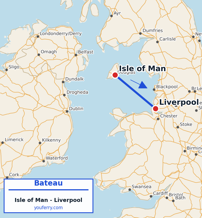 Carte du trajet en ferry Isle of Man - Liverpool