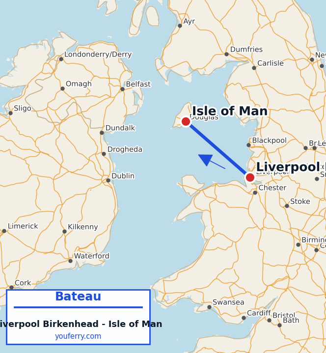 Carte du trajet en ferry Liverpool Birkenhead - Isle of Man