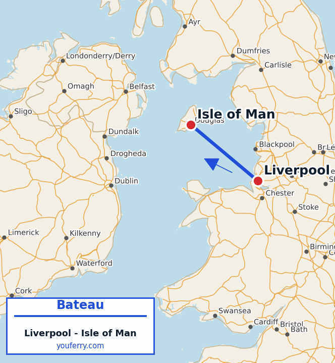 Carte du trajet en ferry Liverpool - Isle of Man
