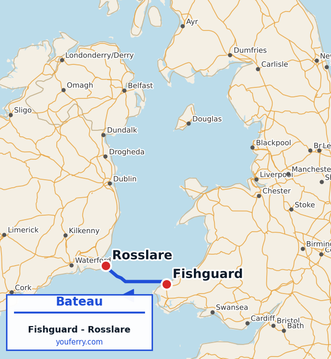 Carte du trajet en ferry Fishguard - Rosslare