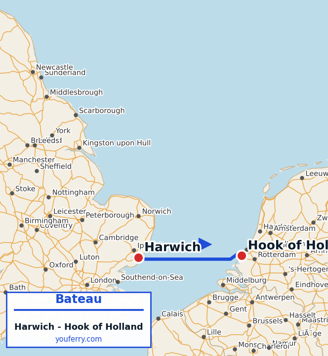 Carte du trajet en ferry Harwich - Hook of Holland