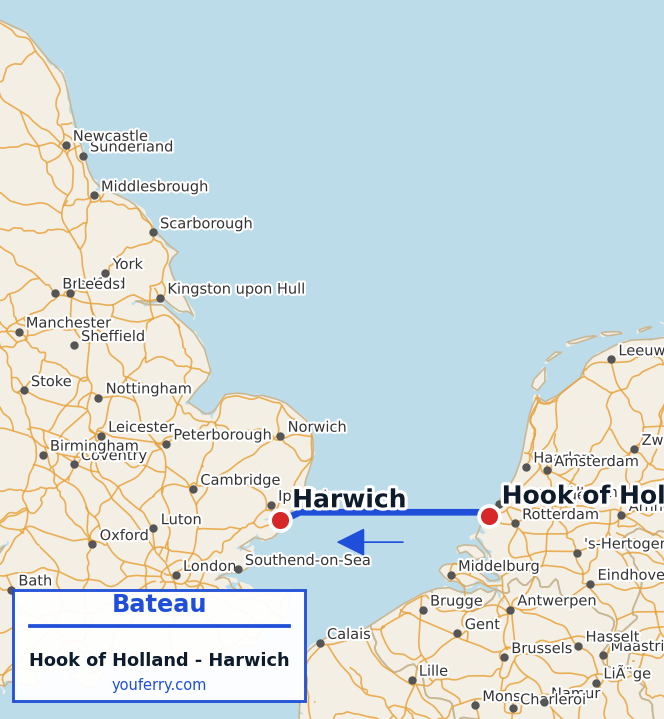 Carte du trajet en ferry Hook of Holland - Harwich