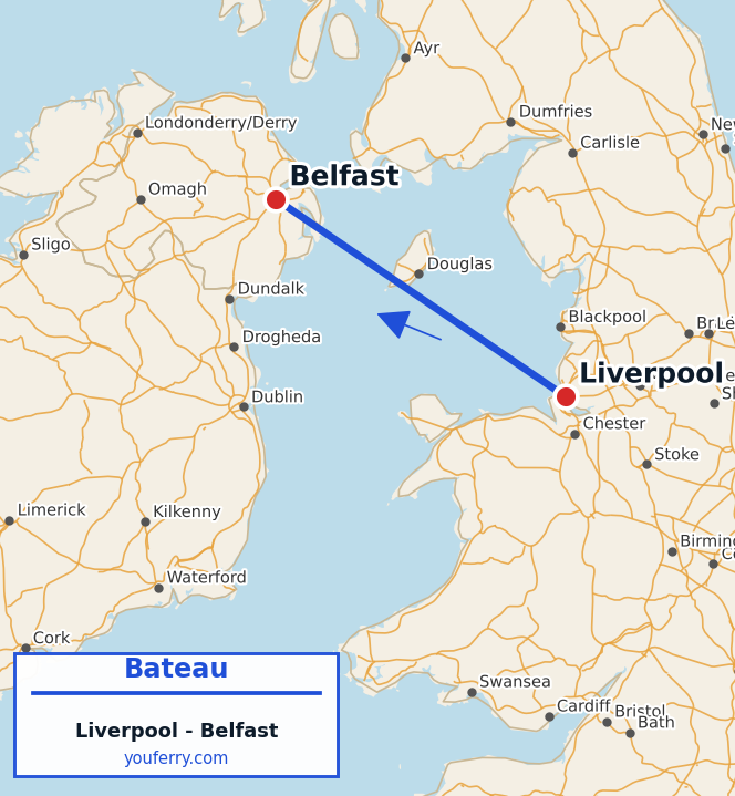 Carte du trajet en ferry Liverpool - Belfast