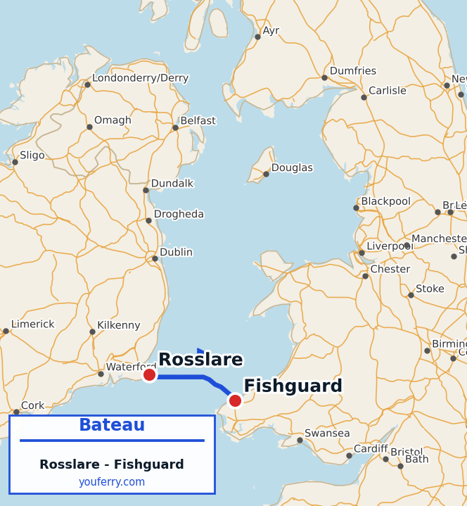 Carte du trajet en ferry Rosslare - Fishguard