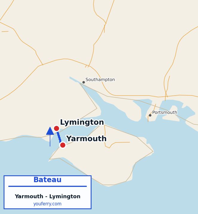 Carte du trajet en ferry Yarmouth - Lymington