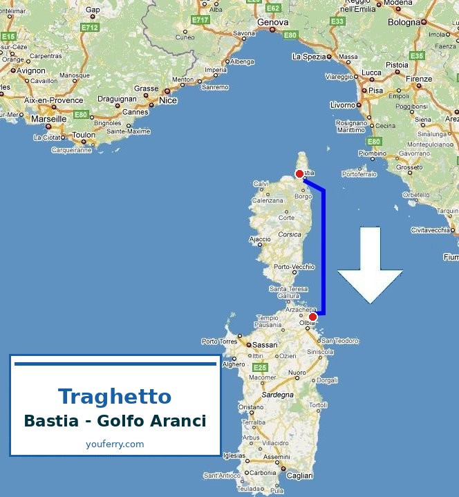 Mappa della rotta Traghetto Bastia - Golfo Aranci