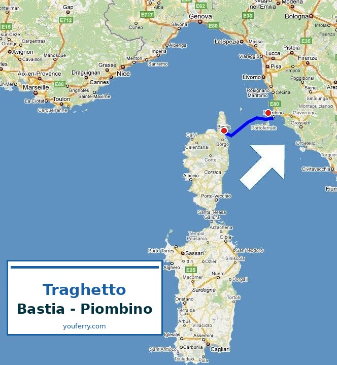 Mappa della rotta Traghetto Bastia - Piombino