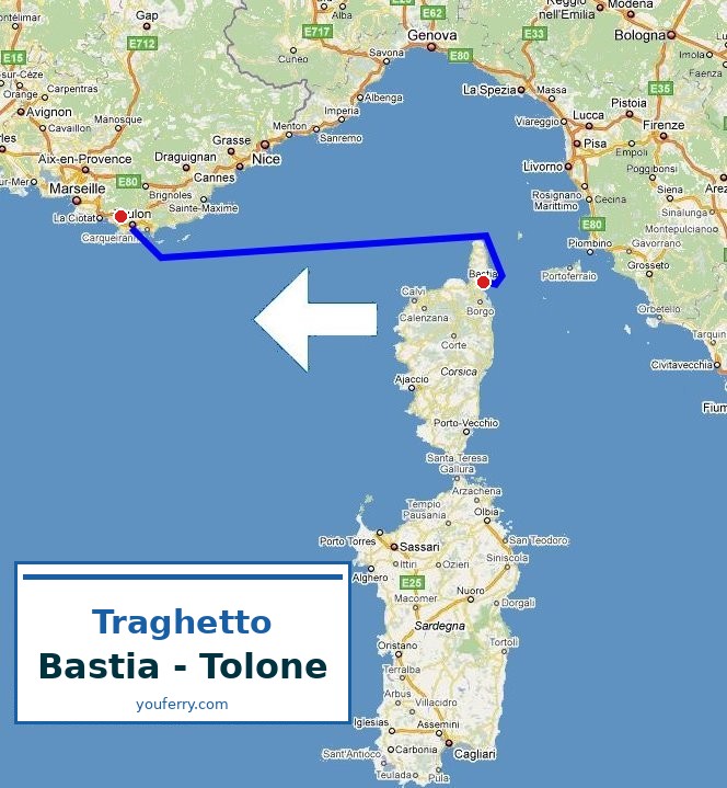 Mappa della rotta Traghetto Bastia - Tolone