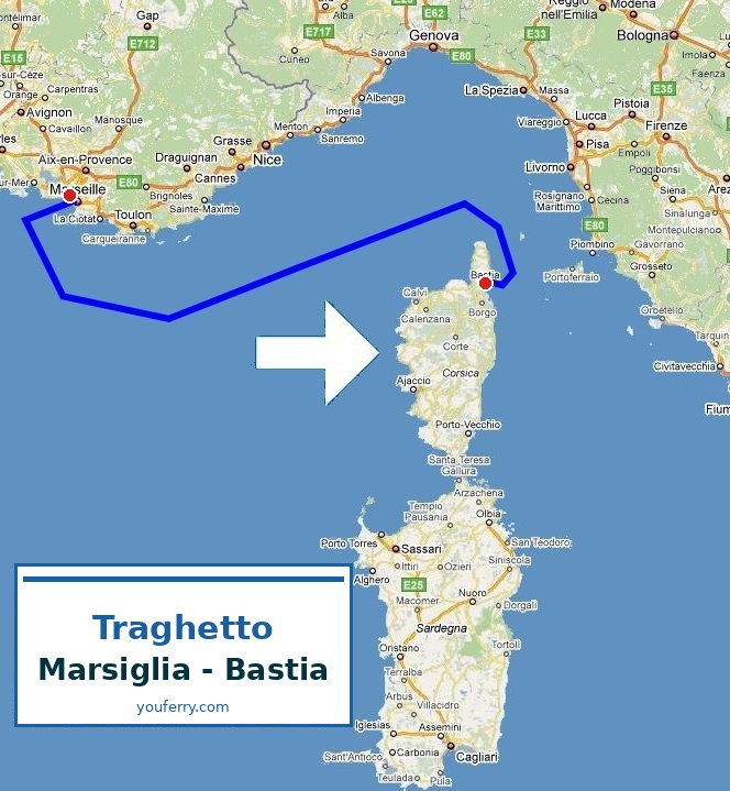 Mappa della rotta Traghetto Marsiglia - Bastia