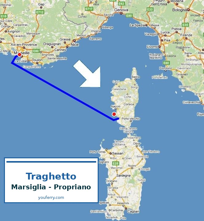 Mappa della rotta Traghetto Marsiglia - Propriano