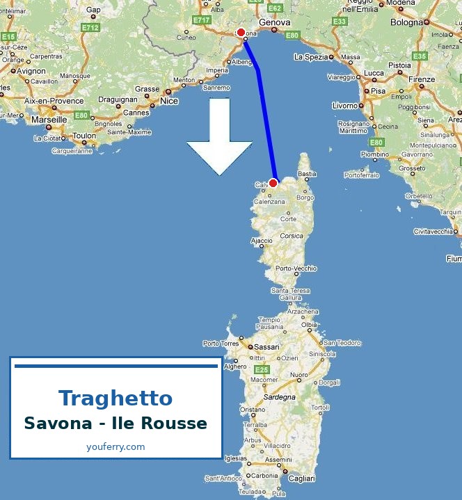 Mappa della rotta Traghetto Savona - Ile Rousse