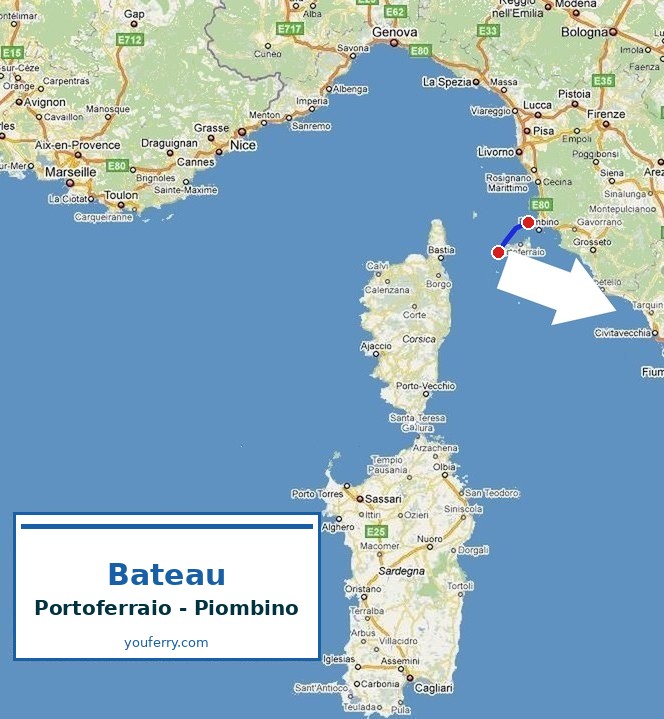 Carte de la traversée Bateau Portoferraio - Piombino
